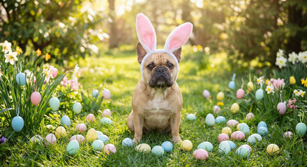 French Bulldog wearing bunny ears headband with pastel easter eggs in garden, easter pet