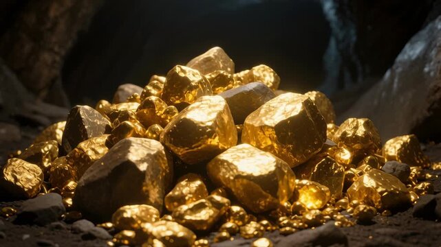 Gold mining. Golden nuggets shining brightly dark industrial cave with rocky ground and shiny metallic mineral deposits creating rich natural beauty
