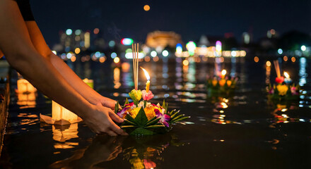 Hands floating banana leaf krathong on water, thailand festival of lights