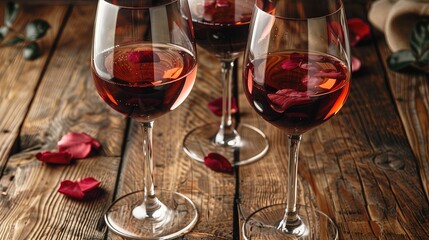 Naklejka premium Romantic red wine glasses on rustic wooden table