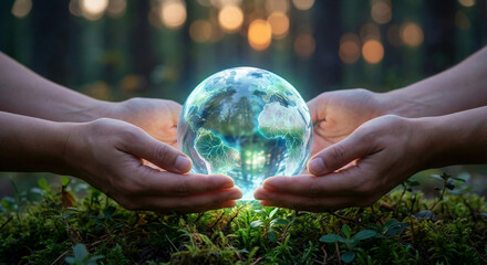 Hands holding glowing crystal earth globe, global sustainability and esg concept