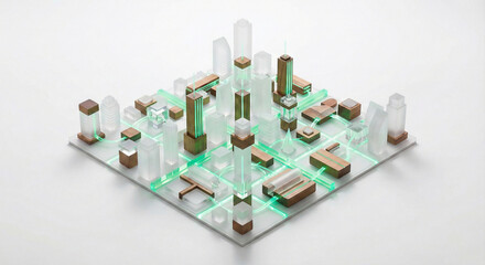 Miniature smart city model with green glowing energy network lines, sustainable future city