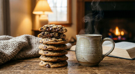 Stack of chocolate chip cookies next to ceramic coffee mug, cozy break concept