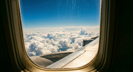 View of fluffy clouds and blue sky from airplane window, air travel concept