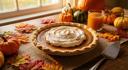 Whole pumpkin pie with whipped cream and autumn leaves, thanksgiving and halloween food
