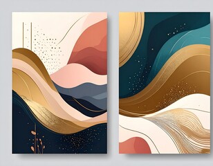 Abstract Wave Art Prints - Modern Wall Decor with Gold Accents and Fluid Shapes.