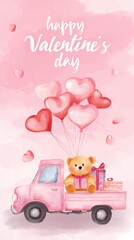 Happy Teddy Bear in Truck With Balloons for Special Day
