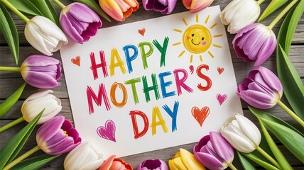 Happy mother's day greeting card surrounded by colorful tulips