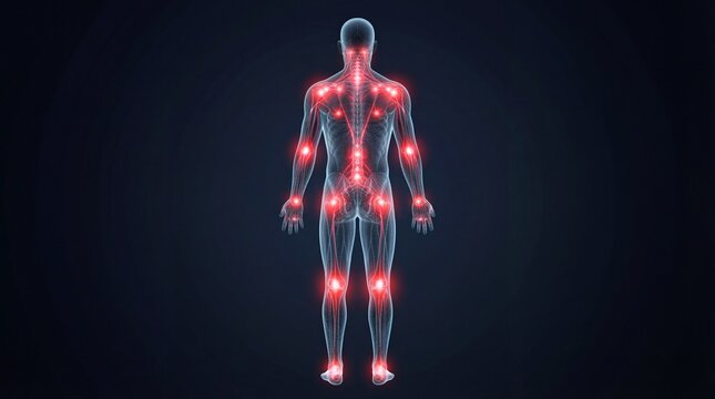 Detailed medical anatomy illustration of human body with highlighted joints and pain points in a dark environment from a frontal viewpoint