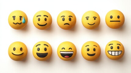 Set of yellow emoji faces showing a range of emotions suitable for digital designs in vector graphic format on transparent background