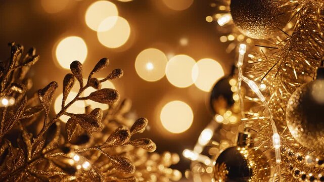 Closeup of glittering gold christmas decorations, baubles, tinsel, and fairy lights with warm bokeh background for holiday celebration