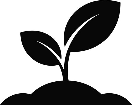 A minimalist black silhouette icon of a seedling sprouting from a mound of soil, representing growth