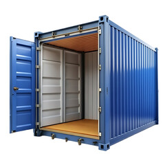 Open blue shipping container with internal view on transparent background