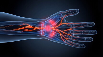 A human hand with visible nerves and a highlighted wrist area