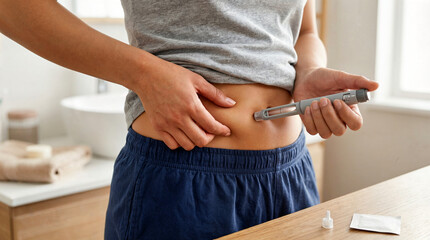 Person injecting insulin into abdomen while standing in bathroom  