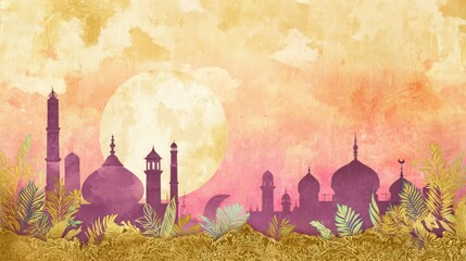 Colorful watercolor illustration of oriental city skyline with crescent moon
