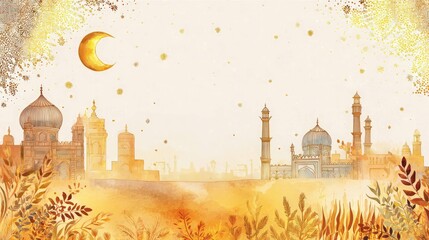 Golden watercolor Islamic cityscape with crescent moon and ornaments