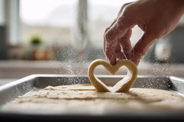 Baker Cuts Heart Shape From Dough in Kitchen