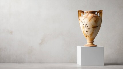 Cracked ancient ceramic amphora on pedestal in gallery space