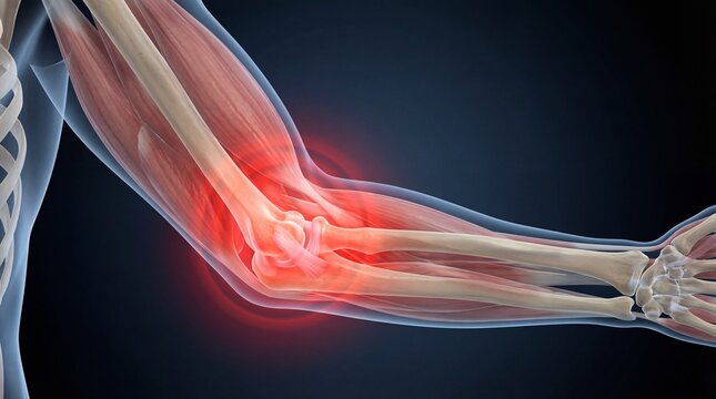 Detailed 3D rendering of a human elbow joint highlighting the skeletal and muscular structure with a focus on inflammation and injury