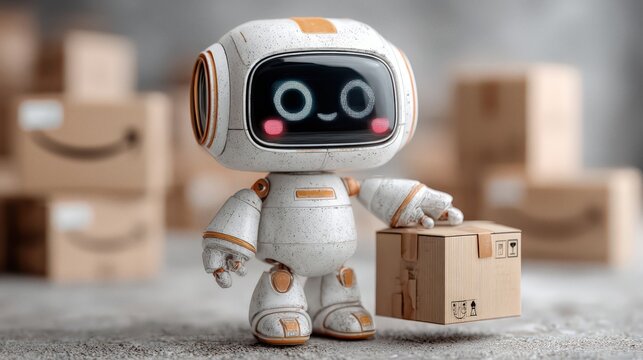 Friendly AI robot manages ecommerce parcel delivery and tracking on a smartphone app in a modern warehouse setting - Powered by Adobe