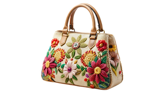 Elegant floral embroidered handbag with brown handles on transparent background