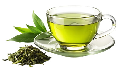 A cup of green tea with leaves saucer and transparent background