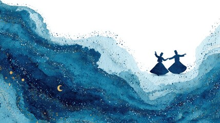 Whirling Dervishes Dancing Under Moon in Blue Watercolor Spiritual Illustration