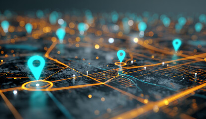 Futuristic digital map featuring glowing cyan location pins and illuminated connecting lines on a dark textured surface, representing advanced technology and geographic data