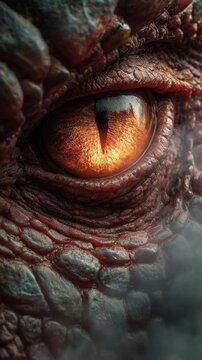 Fierce fantasy creature close up showcasing menacing red dragon eye. This powerful monster reveals fiery iris, detailed scaly texture, and terrifying gaze