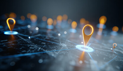 Futuristic digital map with glowing orange location pins on a dark, textured surface highlighting technological navigation and data points