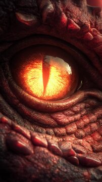 Powerful close up on menacing red dragon eye of fantasy reptile, glowing with fiery rage from detailed, scaly skin, showing an intense gaze and monstrous power