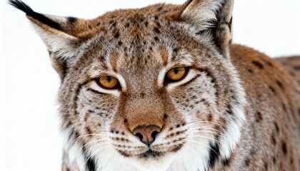Fototapeta premium Detailed closeup of a Eurasian lynx with sharp golden eyes and spotted fur. Stunning wild animal portrait, focus on face and fur pattern. Perfect for wildlife, nature, and conservation concepts.