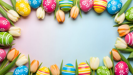 Happy easter sunday celebration with colorful eggs and tulips