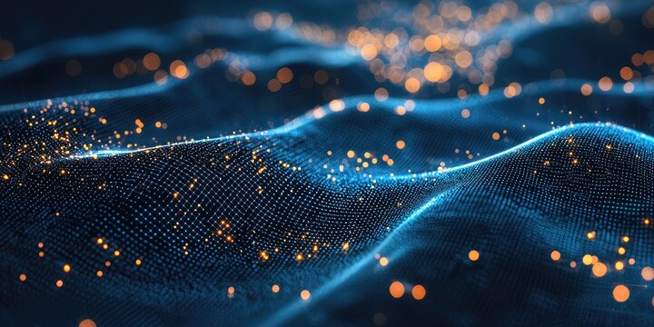 A blue and orange abstract wave pattern with glowing particles and a dark background. - Powered by Adobe