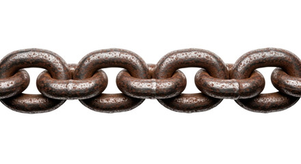 Obraz premium Horizontal segment of heavy, dark metal chain with detailed reddish-brown rust, wear, and abrasion marks, isolated on a transparent background. Concept of rugged industrial decay