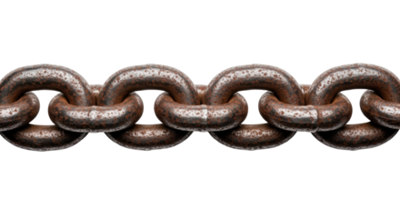 Horizontal segment of heavy, dark metal chain with detailed reddish-brown rust, wear, and abrasion marks, isolated on a transparent background. Concept of rugged industrial decay