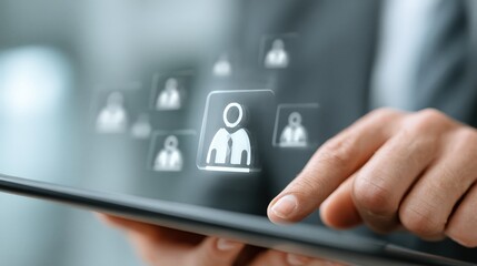 Digital recruitment process shows HR manager selecting candidate with tablet in office setting