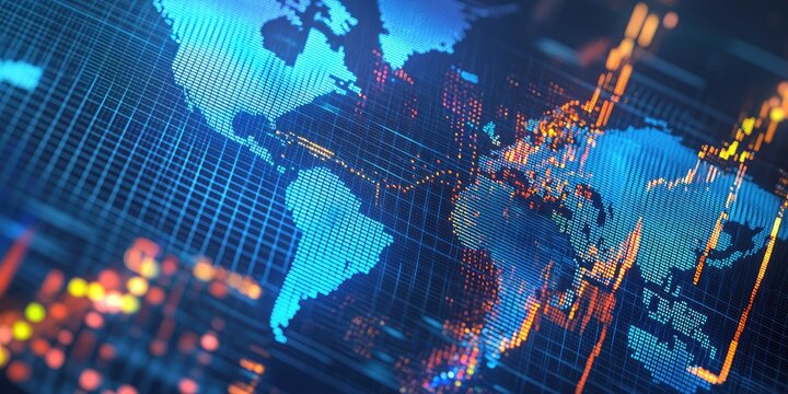 A digital world map with glowing lights and grid lines, set against a dark blue background. - Powered by Adobe