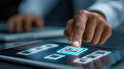 Professional setting with digital verification and document management using tablet and laptop in a modern office
