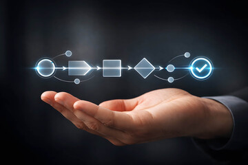 Man presenting a digital workflow process with checkmark