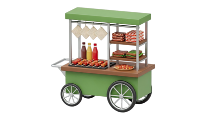 Food Cart with Grilled Skewers and Sandwiches