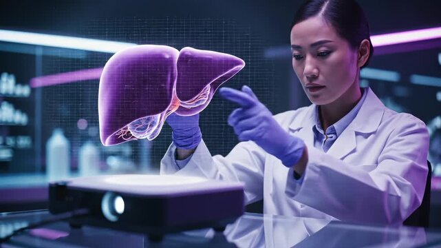 Doctor examines liver hologram with glove in laboratory. Scientist studies digital liver model. Doctor analyzes hologram visualization. Medical researcher examines liver in lab. Digital medicine.