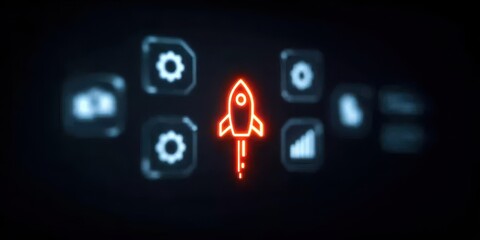 Digital innovation strategy showing idea creation and product launch through rocket themed interface design