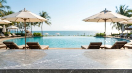 Fototapeta premium a tranquil poolside view showcases inviting lounge chairs elegant umbrellas and a sparkling blue infinity pool overlooking the calming ocean horizon high quality