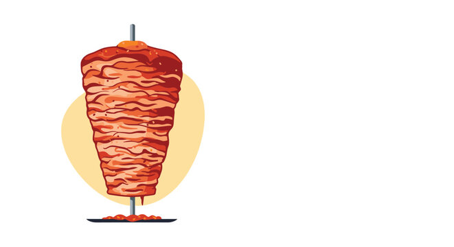 A detailed vector illustration of a vertical rotisserie spit with cooked shawarma or doner kebab meat, ready for slicing.