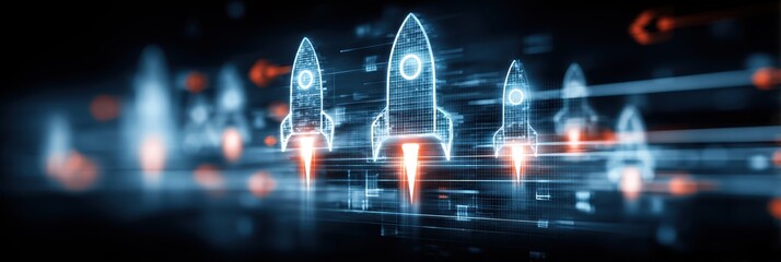 Digital interface driven idea creation and innovative product launch concept illustrated with rocket icons emphasizing structured progress from creative concept to execution