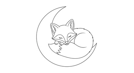 Serene fox character curled up and sleeping peacefully on a large crescent moon shown in a minimalist line art style.