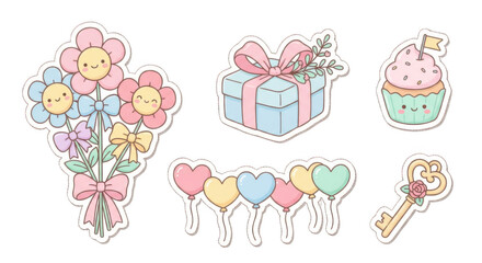 Fototapeta premium Pastel sticker set featuring cute flowers gift box cupcake heart balloons and ornate key