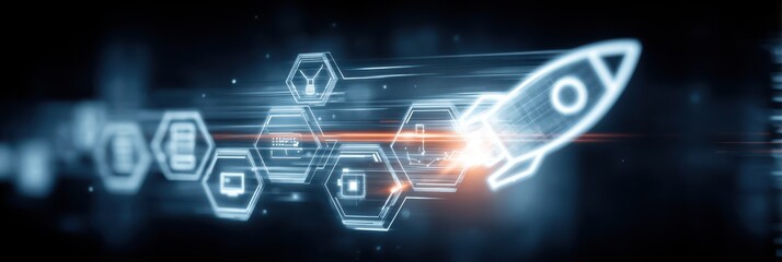 Digital interface driven idea creation and innovative product launch concept illustrated with rocket icons emphasizing structured progress from creative concept to execution